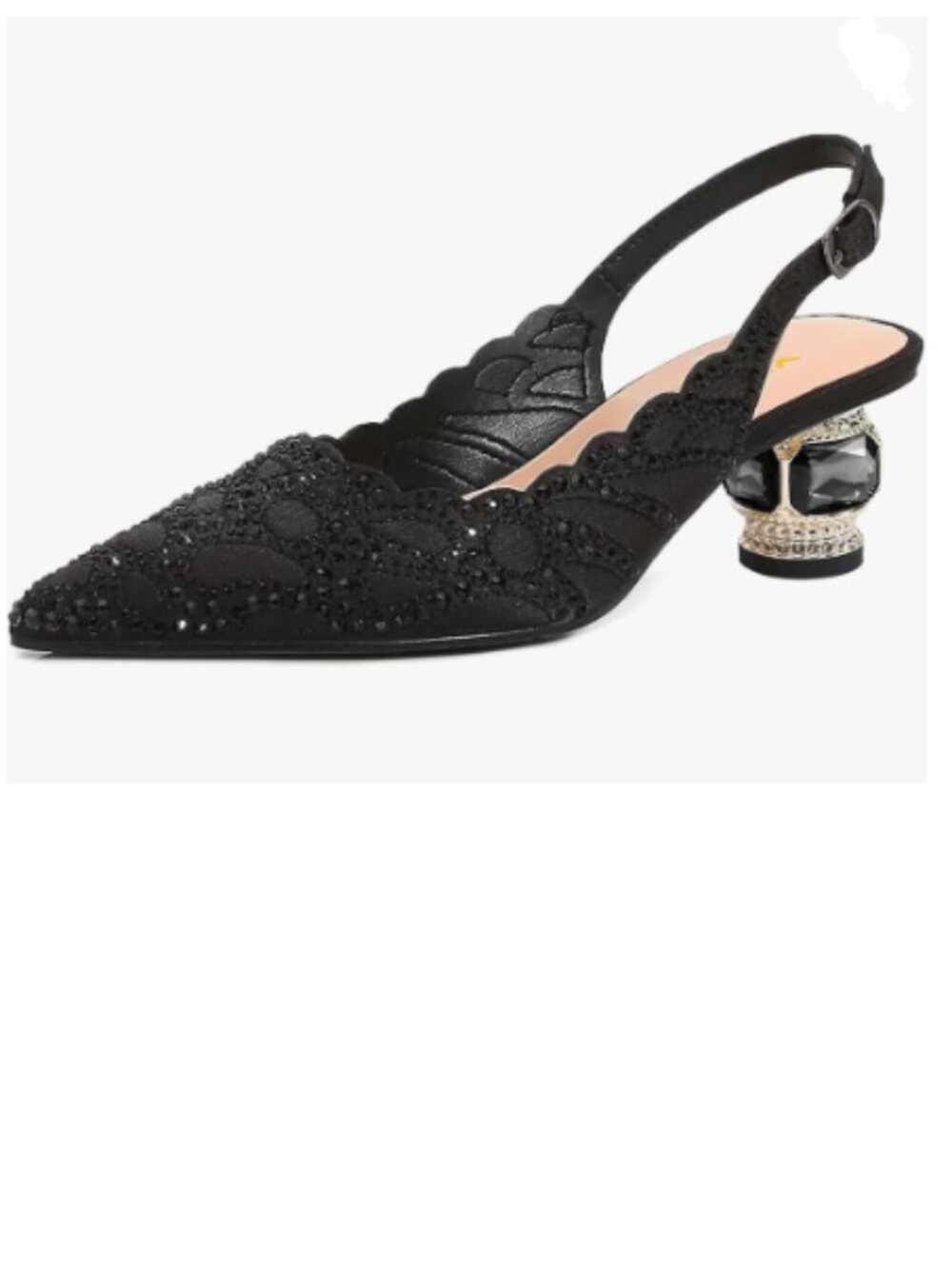 XYD Black Rhinestones Pointed Toe Slingback Sandals Crystal Block Low Heels Pump